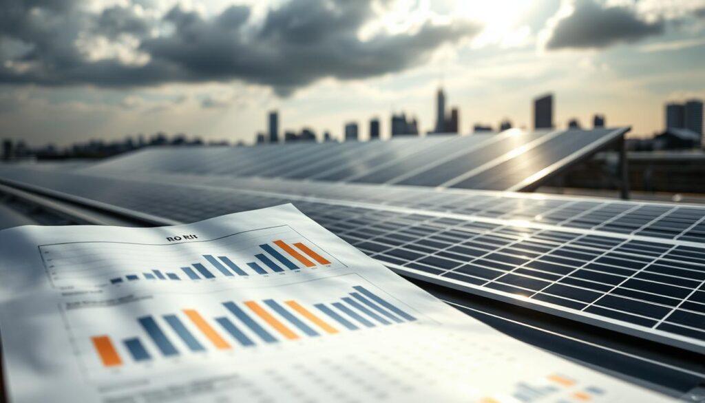 A detailed ROI analysis of a commercial solar installation, depicted with technical precision. In the foreground, a financial spreadsheet displays graphs and charts, illuminated by soft, directional lighting. The middle ground features a sleek, modern solar panel array, its metallic surfaces reflecting the ambient light. In the background, a cityscape skyline suggests the urban commercial setting. The overall mood is one of analytical rigor and professional assessment, conveying the tangible business case for sustainable solar energy investment.
