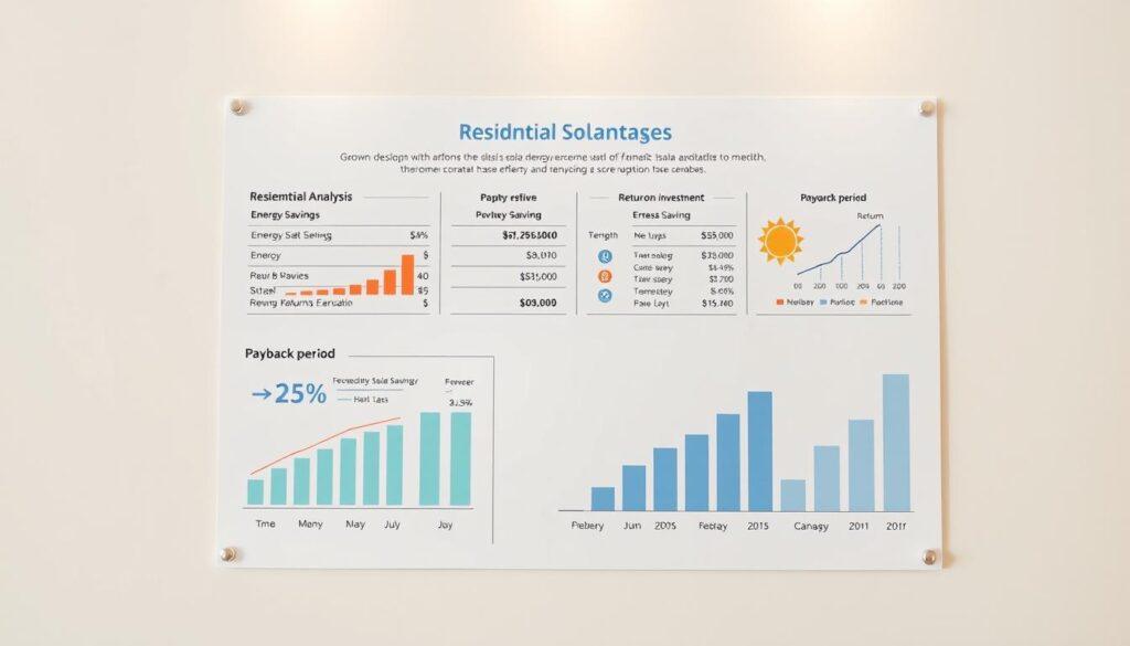 A detailed financial analysis chart showcasing the economic benefits of residential solar energy, presented in a clean, minimalist style. The chart displays various metrics such as energy savings, return on investment, and payback period, with clear data visualizations and easy-to-interpret graphics. The background is a soft, neutral tone, allowing the financial information to take center stage. Subtle lighting casts a warm, natural glow, enhancing the professionalism and credibility of the presentation. The overall mood is one of informed decision-making, guiding the viewer through the financial advantages of transitioning to solar power for the home. A detailed financial analysis chart showcasing the economic benefits of residential solar energy, presented in a clean, minimalist style. The chart displays various metrics such as energy savings, return on investment, and payback period, with clear data visualizations and easy-to-interpret graphics. The background is a soft, neutral tone, allowing the financial information to take center stage. Subtle lighting casts a warm, natural glow, enhancing the professionalism and credibility of the presentation. The overall mood is one of informed decision-making, guiding the viewer through the financial advantages of transitioning to solar power for the home.