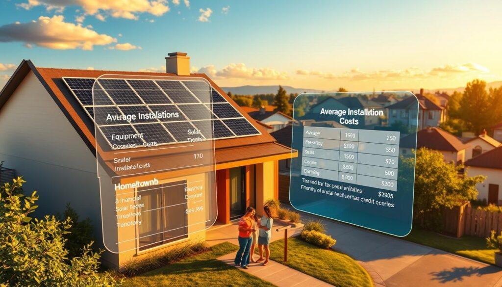 A detailed illustration of residential solar panel installation costs, showcasing a modern suburban home with solar panels adorning the rooftop. The scene is bathed in warm, golden sunlight, casting gentle shadows across the panels. In the foreground, a breakdown of average installation costs, equipment, and potential tax credits or incentives is displayed on a floating holographic display. The middle ground features homeowners discussing the financial benefits of solar energy with a solar panel expert. In the background, a picturesque neighborhood with lush greenery and a clear blue sky creates a serene, eco-friendly atmosphere.
