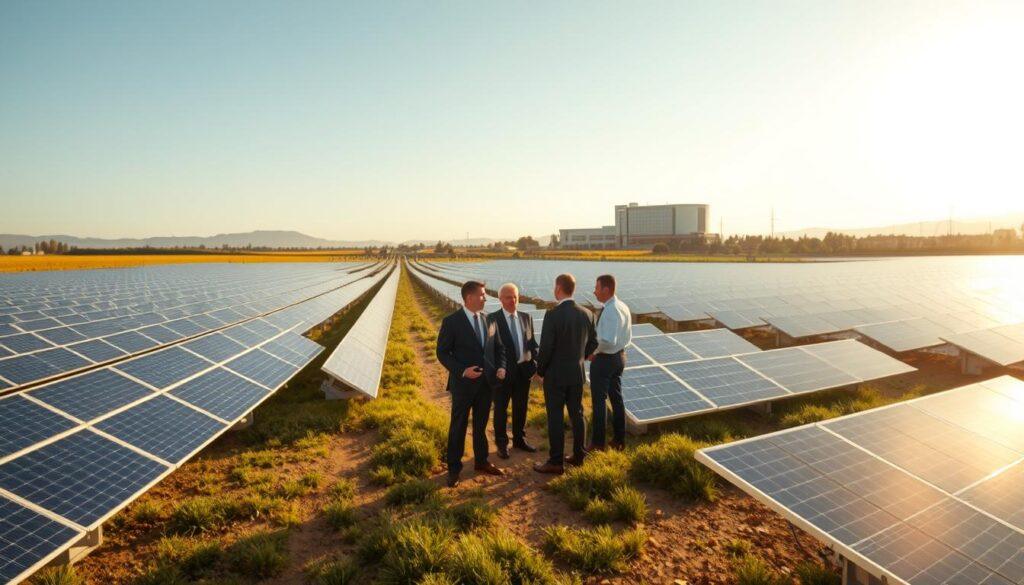 A panoramic view of a thriving commercial solar farm, with rows of gleaming solar panels stretching across a gently undulating landscape. The mid-morning sun casts a warm, golden glow, highlighting the sleek, modern design of the installations. In the foreground, a group of professionals stand admiring the site, their business attire contrasting with the high-tech equipment surrounding them. In the background, a modern office building or research facility stands as a testament to the successful integration of renewable energy into the commercial sector. The scene conveys a sense of innovation, sustainability, and the growing adoption of clean energy solutions in the business world.