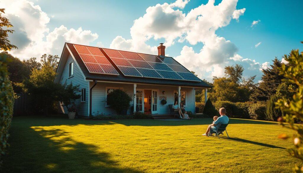 A serene, sunny home nestled among lush greenery, its rooftop adorned with gleaming solar panels that harness the power of the sun. The panels cast a warm, golden glow, casting long shadows that stretch across the neatly manicured lawn. In the foreground, a happy family relaxes on the patio, basking in the energy independence and cost savings that their solar-powered home provides. The scene is framed by a vibrant, azure sky with fluffy white clouds, conveying a sense of tranquility and environmental harmony. The overall mood is one of contentment, security, and a deep connection to the natural world. A serene, sunny home nestled among lush greenery, its rooftop adorned with gleaming solar panels that harness the power of the sun. The panels cast a warm, golden glow, casting long shadows that stretch across the neatly manicured lawn. In the foreground, a happy family relaxes on the patio, basking in the energy independence and cost savings that their solar-powered home provides. The scene is framed by a vibrant, azure sky with fluffy white clouds, conveying a sense of tranquility and environmental harmony. The overall mood is one of contentment, security, and a deep connection to the natural world.