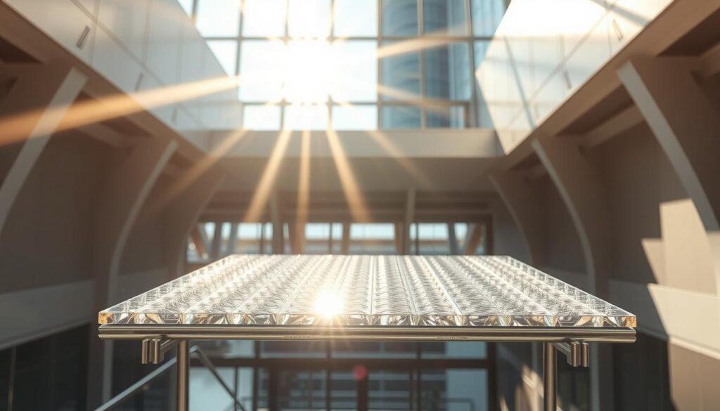 A shimmering perovskite solar cell, its crystalline structure refracting light in a mesmerizing display. Sleek metallic frames support the intricate lattice, while a futuristic architectural backdrop showcases its innovative design. Beams of sunlight pierce through, illuminating the translucent panels and casting dynamic shadows. The scene evokes a sense of technological progress, harnessing the power of the sun with elegance and precision. Cutting-edge engineering and material science converge, paving the way for a sustainable energy future.
