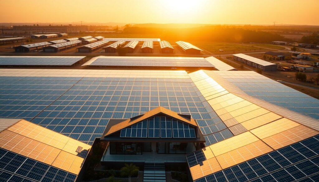 A sleek, futuristic solar panel array, with each panel meticulously designed to capture and harness the sun's energy with maximum efficiency. The panels are arranged in a striking geometric pattern, casting intricate shadows that dance across the landscape. In the foreground, a state-of-the-art home or building is powered by this innovative solar system, its intelligent sensors and smart home integration seamlessly managing energy consumption. The sky above is filled with warm, golden sunlight, creating a sense of environmental harmony and sustainable progress. The entire scene is captured through a wide-angle lens, highlighting the scale and integrated nature of this smart solar innovation.