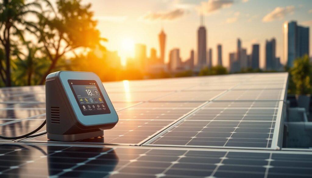 A sleek, modern IoT device seamlessly integrates with a solar panel array, harnessing the power of renewable energy. In the foreground, the IoT device's minimalist design and intuitive interface showcase its intelligent connectivity. The middle ground features a neatly arranged solar panel system, its glossy surfaces catching the warm, golden light of the sun. In the background, a cityscape of towering skyscrapers and lush greenery symbolizes the widespread adoption of sustainable energy solutions. The scene conveys a harmonious blend of technology and nature, radiating a sense of progress and environmental consciousness.