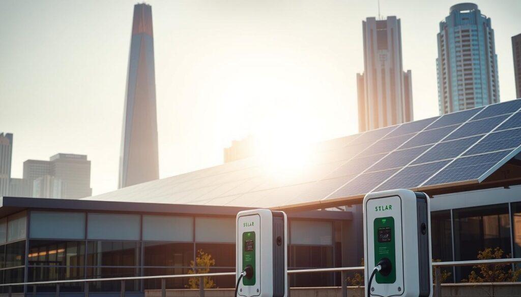 A sleek, modern solar panel array rests atop a contemporary commercial building, its glass-encased design blending seamlessly with the structure's clean, minimalist architecture. Sunlight casts a warm, golden glow across the panels, illuminating their efficient, customized layout. In the foreground, a few solar-powered charging stations stand ready to power electric vehicles, their smooth, angular forms echoing the building's aesthetic. The background features a cityscape of towering skyscrapers, their reflective facades mirroring the renewable energy solutions on display. The overall scene conveys a sense of innovation, sustainability, and a forward-thinking approach to commercial solar power. A sleek, modern solar panel array rests atop a contemporary commercial building, its glass-encased design blending seamlessly with the structure's clean, minimalist architecture. Sunlight casts a warm, golden glow across the panels, illuminating their efficient, customized layout. In the foreground, a few solar-powered charging stations stand ready to power electric vehicles, their smooth, angular forms echoing the building's aesthetic. The background features a cityscape of towering skyscrapers, their reflective facades mirroring the renewable energy solutions on display. The overall scene conveys a sense of innovation, sustainability, and a forward-thinking approach to commercial solar power.