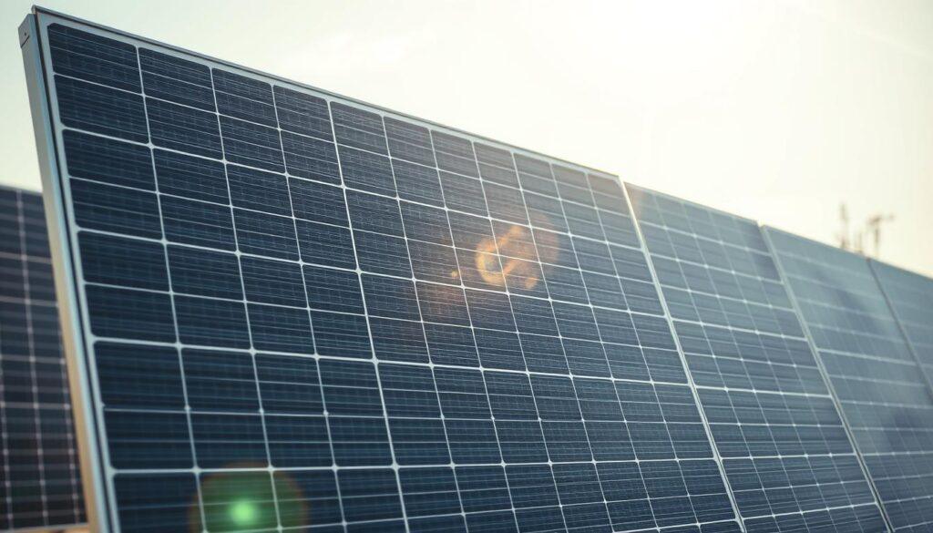 A solar energy innovation, bifacial panels stand tall, their dual-sided surfaces capturing light from the front and rear. Sleek, modern design in muted tones of gray and silver, with a crisp, minimalist aesthetic. Sunlight streams across the panels, creating intricate patterns of highlights and shadows that dance across their textured surfaces. The panels are set against a softly blurred background, allowing the innovative technology to be the focal point. A sense of clean, efficient power radiates from the scene, hinting at the panels' ability to generate electricity from both direct and reflected light. An image of solar energy's bright future, ready to be showcased in an article on the evolution of this transformative technology.