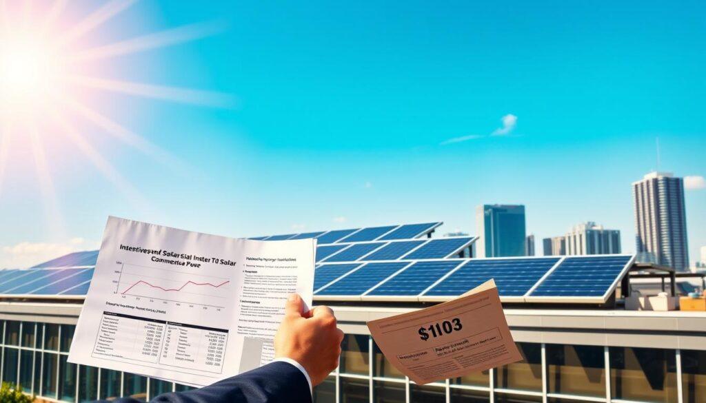 A solar panel array atop a modern office building, sun-dappled and gleaming against a clear blue sky. In the foreground, a businessperson examines financial documents, highlighting incentives and tax credits for commercial solar installations. The middle ground features graphs and charts projecting energy savings and return on investment. In the background, a city skyline with towering skyscrapers, symbolizing the scalability and widespread adoption of sustainable energy solutions. Warm, inviting lighting casts a professional, authoritative tone, emphasizing the financial advantages of transitioning to renewable power for businesses. A solar panel array atop a modern office building, sun-dappled and gleaming against a clear blue sky. In the foreground, a businessperson examines financial documents, highlighting incentives and tax credits for commercial solar installations. The middle ground features graphs and charts projecting energy savings and return on investment. In the background, a city skyline with towering skyscrapers, symbolizing the scalability and widespread adoption of sustainable energy solutions. Warm, inviting lighting casts a professional, authoritative tone, emphasizing the financial advantages of transitioning to renewable power for businesses.