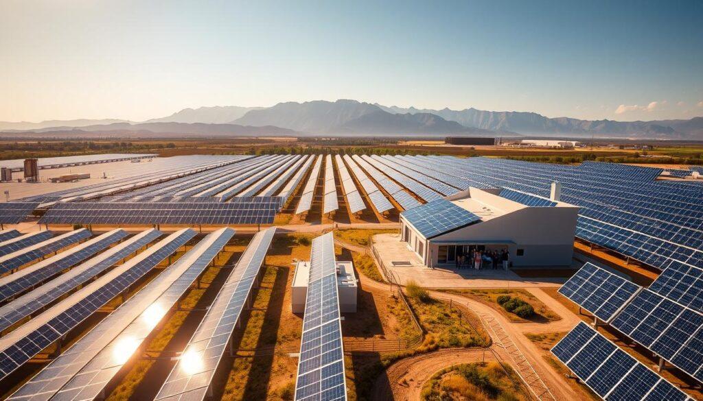 A sprawling commercial solar farm nestled in a serene rural landscape, with rows of sleek photovoltaic panels glistening in the warm afternoon sun. In the foreground, a cluster of modern, energy-efficient buildings stand as testament to the project's success, their rooftops adorned with additional solar arrays. The middle ground features a group of smiling employees, proudly showcasing the state-of-the-art monitoring and control systems that optimize the system's performance. In the background, a picturesque mountain range provides a breathtaking backdrop, underscoring the harmony between renewable energy and the natural environment. Captured with a wide-angle lens to convey a sense of scale and grandeur, the image exudes a tone of optimism and innovation, perfectly encapsulating the "Success Stories" theme.