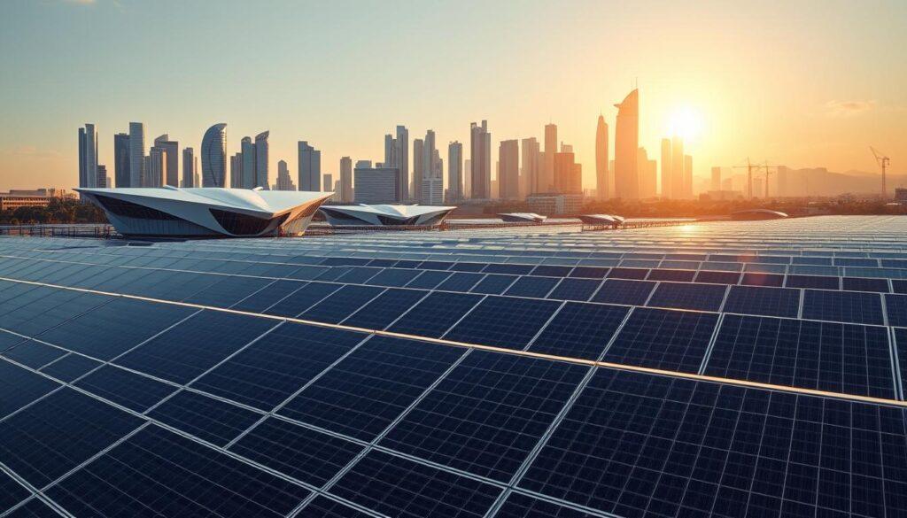 A sprawling commercial solar installation set against a backdrop of a futuristic urban skyline. In the foreground, rows of sleek, ebony-colored solar panels capture the sun's rays, their surfaces gleaming under the warm, golden illumination of a late afternoon sky. The middle ground features a network of modern, minimalist architecture housing the power conversion and storage infrastructure, with clean lines and a striking angular design. In the distance, a cluster of towering skyscrapers with curved, glass facades reflect the sunlight, creating a sense of technological sophistication and progress. The overall atmosphere conveys a vision of a sustainable, high-tech future where renewable energy powers the urban landscape.