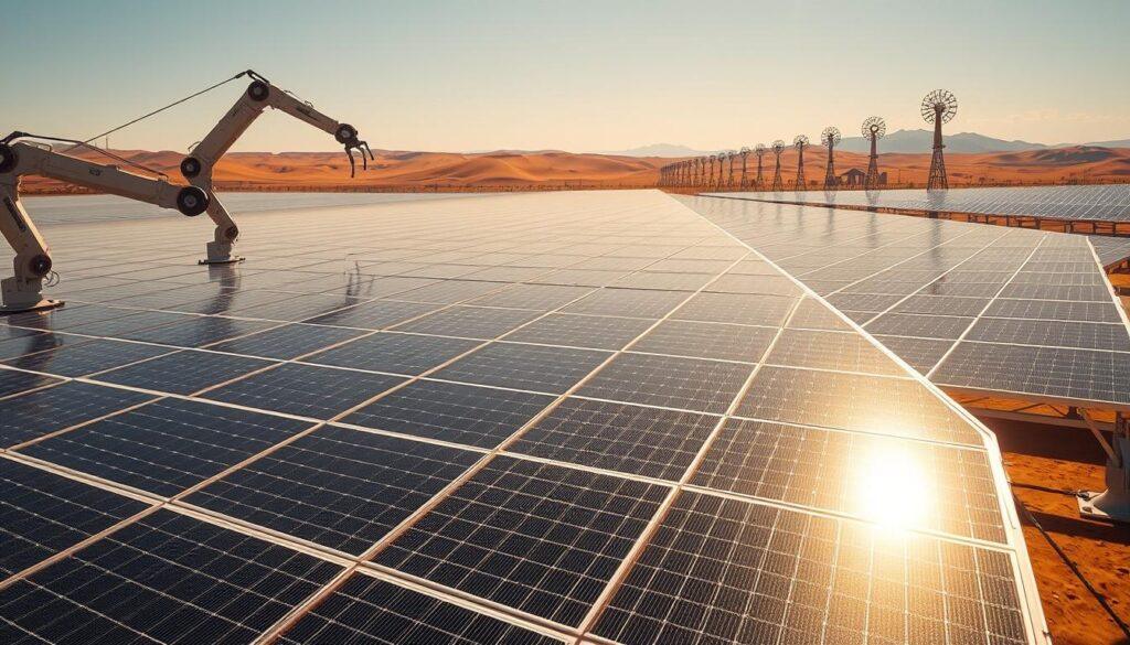 A sprawling solar array stretches across a vast, sun-drenched landscape. In the foreground, sleek, next-generation solar panels glisten, their surfaces adorned with innovative micro-textures that capture sunlight with unparalleled efficiency. In the middle ground, robotic arms gracefully manipulate the panels, adjusting their angles to optimize power generation throughout the day. The background features towering, futuristic solar towers, their mirrored surfaces reflecting the sky in a mesmerizing dance of light and shadow. The scene is bathed in a warm, golden glow, conveying a sense of progress and possibility in the ongoing evolution of renewable energy technology.