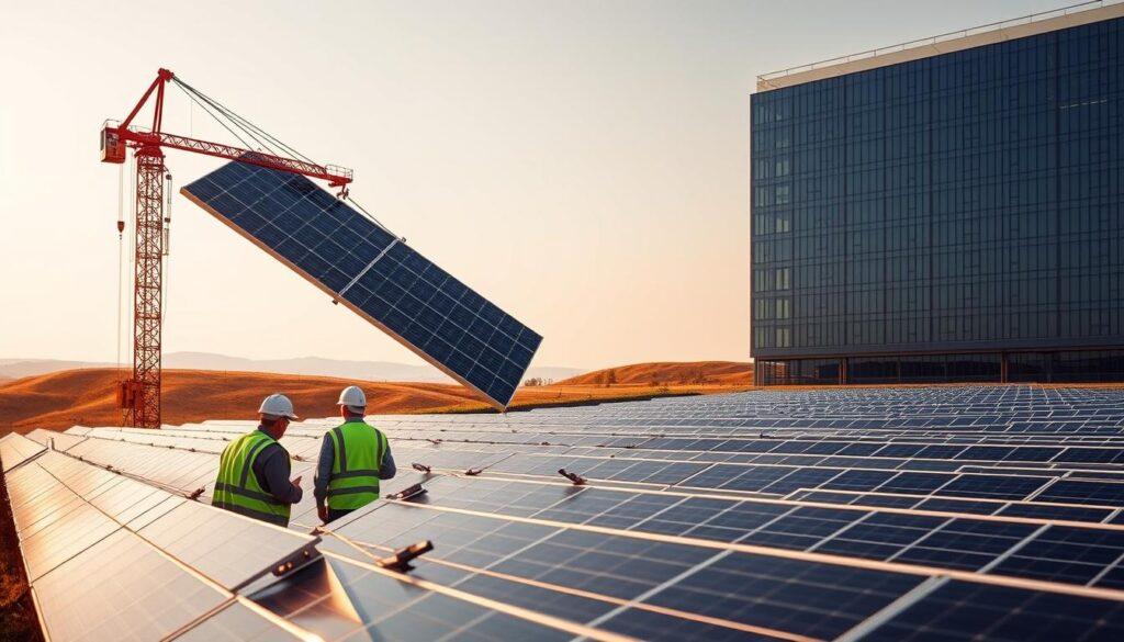 A vibrant solar panel field stretches across a gently undulating landscape, its rows of sleek, black modules gleaming in the warm afternoon sunlight. In the foreground, a team of engineers in high-visibility vests huddle around a detailed schematic, deep in discussion. In the middle ground, a crane hoists a massive solar panel into place, its articulated arm silhouetted against a cloudless sky. In the background, a modern, glass-walled office building stands as a testament to the integration of renewable energy solutions into the built environment. The scene conveys a sense of progress, innovation, and collaboration in the pursuit of sustainable energy strategies.