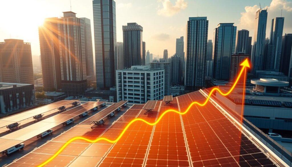 An urban commercial skyline with towering skyscrapers bathed in warm golden sunlight, showcasing rows of neatly installed solar panels on the rooftops. In the foreground, a glowing graph depicting the cost savings and environmental benefits of commercial solar energy, with sleek modern office buildings in the middle ground. The scene conveys a sense of forward-thinking progress and sustainable prosperity, captured through a high-angle wide-angle lens with a shallow depth of field. An urban commercial skyline with towering skyscrapers bathed in warm golden sunlight, showcasing rows of neatly installed solar panels on the rooftops. In the foreground, a glowing graph depicting the cost savings and environmental benefits of commercial solar energy, with sleek modern office buildings in the middle ground. The scene conveys a sense of forward-thinking progress and sustainable prosperity, captured through a high-angle wide-angle lens with a shallow depth of field.