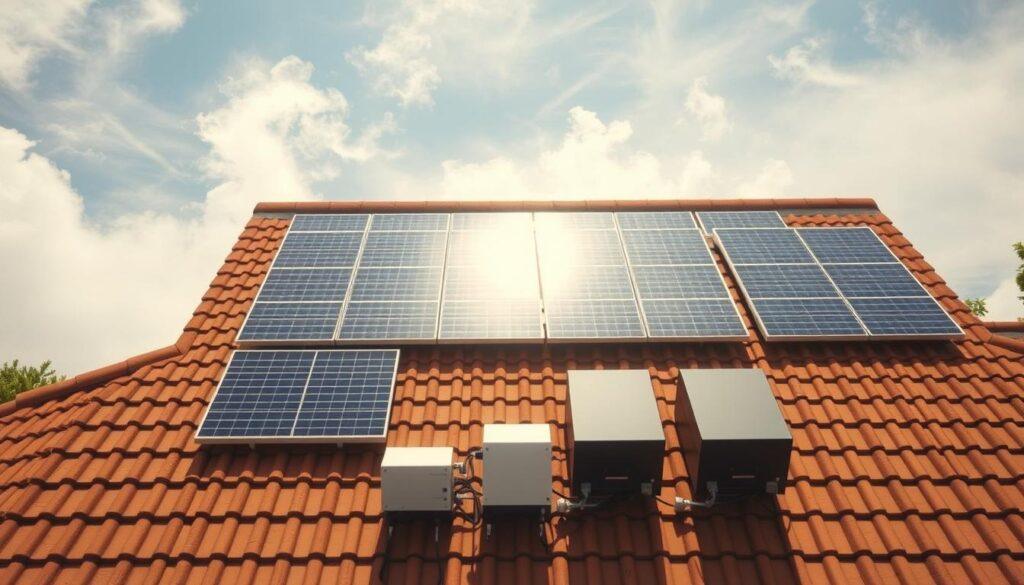 a high-angle view of a residential rooftop, with a neatly organized array of solar panels optimized for maximum sun exposure. The panels are placed at an ideal angle, casting crisp shadows across the roof tiles. Diffused sunlight filters through wispy clouds, creating a warm, natural lighting that highlights the efficient layout of the solar system. In the foreground, a trio of sleek, low-profile inverters are discretely installed, seamlessly integrating the renewable energy technology into the home's architecture. The overall scene conveys a sense of sustainability, with the solar panels standing as a testament to the homeowner's commitment to renewable energy and environmental responsibility.