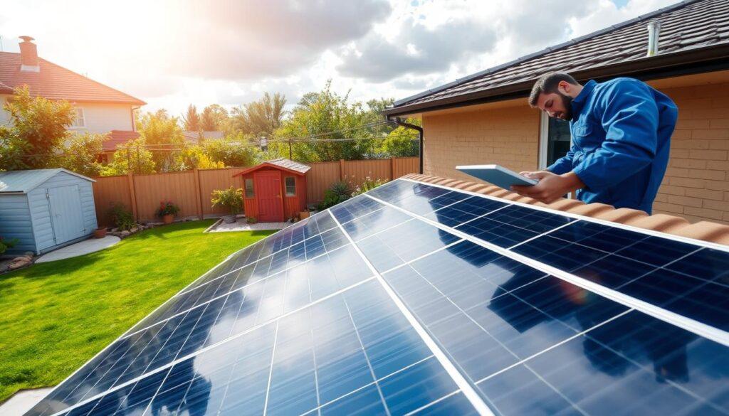 a residential backyard with a well-maintained solar panel system on the roof, a person in a blue uniform inspecting the panels with a tablet in hand, sunlight streaming through clouds illuminating the scene, the surroundings featuring a neatly trimmed lawn, a garden shed, and a few potted plants, creating a sense of a well-cared-for and eco-friendly home environment