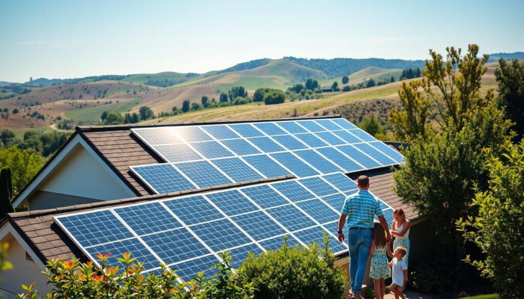 a solar-powered home with a rooftop solar panel system, surrounded by lush, well-manicured landscaping. In the foreground, a family enjoying the outdoors on a sunny day, with children playing in the yard. The middle ground features a neatly organized array of solar panels, optimized for maximum energy efficiency. In the background, rolling hills and a clear, blue sky create a serene, natural environment. The lighting is soft and warm, conveying a sense of comfort and sustainability. The overall scene reflects the long-term benefits of renewable home energy solutions, with a focus on environmental harmony, energy independence, and family well-being.