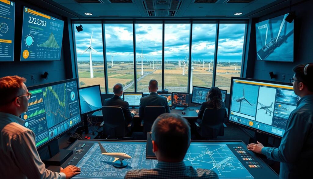 A bustling control room showcasing advanced wind energy grid management. In the foreground, a diverse group of professionals wearing business attire are intently analyzing large digital screens displaying real-time data on energy output, grid stability, and weather conditions. The middle ground features a sophisticated array of wind turbine models and schematics illustrating network links, highlighting technical challenges associated with integrating wind energy into the national grid. In the background, through large windows, a serene landscape of wind farms under a dramatic sky adds depth, emphasizing the juxtaposition of nature and technology. The scene is well-lit with a mix of cool blue and warm yellow tones, creating an atmosphere of focus and innovation, captured with a wide-angle lens to encompass both high-tech equipment and the natural environment outside. A bustling control room showcasing advanced wind energy grid management. In the foreground, a diverse group of professionals wearing business attire are intently analyzing large digital screens displaying real-time data on energy output, grid stability, and weather conditions. The middle ground features a sophisticated array of wind turbine models and schematics illustrating network links, highlighting technical challenges associated with integrating wind energy into the national grid. In the background, through large windows, a serene landscape of wind farms under a dramatic sky adds depth, emphasizing the juxtaposition of nature and technology. The scene is well-lit with a mix of cool blue and warm yellow tones, creating an atmosphere of focus and innovation, captured with a wide-angle lens to encompass both high-tech equipment and the natural environment outside.