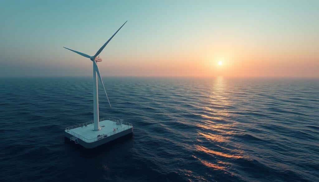 A captivating scene of a floating wind turbine innovation in deep blue ocean waters, showcasing the next generation of renewable energy technology. In the foreground, a sleek, modern wind turbine towers gracefully on a floating platform, its large blades rotating gently in the breeze, capturing the sunlight. The middle ground features the platform equipped with advanced engineering features, demonstrating cutting-edge materials and design enhancements. In the background, distant waves reflect a golden sunset, creating a serene yet innovative atmosphere. Soft, diffused lighting emphasizes the turbine's sleek lines, while a wide-angle perspective adds depth to the scene. The mood is one of optimism and progress, perfectly encapsulating the revolution in deep water renewable energy solutions.