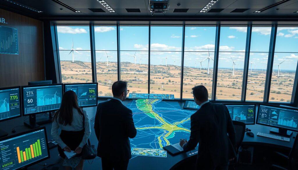 A futuristic smart grid control center focused on renewable energy. In the foreground, a diverse team of professionals in smart business attire, intently analyzing real-time data on digital screens showcasing wind power metrics. The middle ground features a large, interactive digital map illustrating interconnected wind farms and energy distribution networks, pulsing with vibrant, colored lines indicating energy flow. In the background, large windows reveal a panoramic view of a landscape dotted with sleek wind turbines under a clear blue sky. Ambient lighting enhances a high-tech atmosphere, casting soft glows on the screens. The overall mood is one of innovation, collaboration, and the promise of a sustainable future in energy technology. A futuristic smart grid control center focused on renewable energy. In the foreground, a diverse team of professionals in smart business attire, intently analyzing real-time data on digital screens showcasing wind power metrics. The middle ground features a large, interactive digital map illustrating interconnected wind farms and energy distribution networks, pulsing with vibrant, colored lines indicating energy flow. In the background, large windows reveal a panoramic view of a landscape dotted with sleek wind turbines under a clear blue sky. Ambient lighting enhances a high-tech atmosphere, casting soft glows on the screens. The overall mood is one of innovation, collaboration, and the promise of a sustainable future in energy technology.
