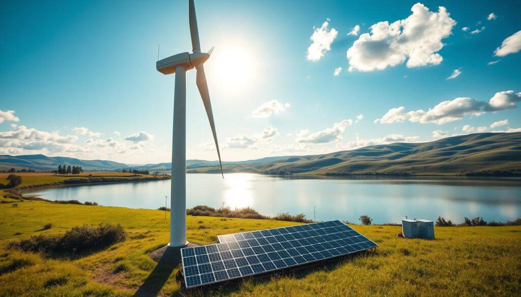 A futuristic wind turbine hybrid energy system set in a lush green landscape. In the foreground, a sleek, modern wind turbine equipped with solar panels on its base, capturing sunlight. In the middle ground, a serene lake reflects the turbine and nearby energy storage units. The background features distant rolling hills under a clear blue sky dotted with fluffy clouds. Soft, warm sunlight bathes the scene, creating a vibrant and optimistic atmosphere. Capture the image from a low-angle perspective, emphasizing the height and innovative design of the wind turbine. The composition should evoke a sense of harmony between technology and nature, highlighting advancements in energy efficiency. A futuristic wind turbine hybrid energy system set in a lush green landscape. In the foreground, a sleek, modern wind turbine equipped with solar panels on its base, capturing sunlight. In the middle ground, a serene lake reflects the turbine and nearby energy storage units. The background features distant rolling hills under a clear blue sky dotted with fluffy clouds. Soft, warm sunlight bathes the scene, creating a vibrant and optimistic atmosphere. Capture the image from a low-angle perspective, emphasizing the height and innovative design of the wind turbine. The composition should evoke a sense of harmony between technology and nature, highlighting advancements in energy efficiency.