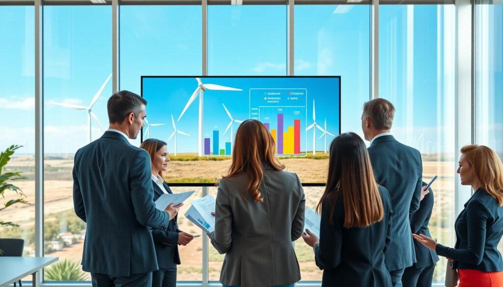 A modern corporate office environment focused on renewable energy purchasing models. In the foreground, a diverse group of professionals in business attire collaboratively examines documents and digital charts related to Power Purchase Agreements (PPA), Virtual Power Purchase Agreements (VPPA), and Green Tariffs. The middle ground features a large presentation screen displaying animated graphs and renewable energy sources, such as wind turbines and solar panels. In the background, large windows showcase a bright blue sky with wind turbines spinning on a distant horizon, symbolizing clean energy. The lighting is bright and natural, creating an inspiring and optimistic atmosphere. The image should emphasize collaboration and positivity in corporate leadership strategies for clean energy procurement.