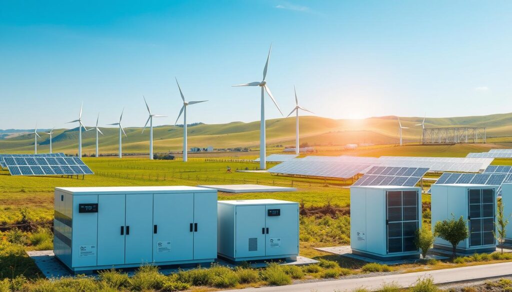 A modern renewable energy storage facility nestled in a green landscape, featuring futuristic battery systems and wind turbine arrays in the foreground, showcasing large, sleek energy storage units with digital displays of energy metrics. In the middle ground, several wind turbines are actively generating energy, their blades turning against a bright blue sky. In the background, rolling hills are dotted with solar panels glimmering under the sun. The setting exhibits a clean, efficient ambiance with soft midday lighting, emphasizing innovation and sustainability. The angle is slightly elevated as if viewed from a drone, capturing the vastness of the integrated renewable landscape. The overall atmosphere is one of hope and technological advancement, conveying progress in energy storage and load balancing solutions. A modern renewable energy storage facility nestled in a green landscape, featuring futuristic battery systems and wind turbine arrays in the foreground, showcasing large, sleek energy storage units with digital displays of energy metrics. In the middle ground, several wind turbines are actively generating energy, their blades turning against a bright blue sky. In the background, rolling hills are dotted with solar panels glimmering under the sun. The setting exhibits a clean, efficient ambiance with soft midday lighting, emphasizing innovation and sustainability. The angle is slightly elevated as if viewed from a drone, capturing the vastness of the integrated renewable landscape. The overall atmosphere is one of hope and technological advancement, conveying progress in energy storage and load balancing solutions.