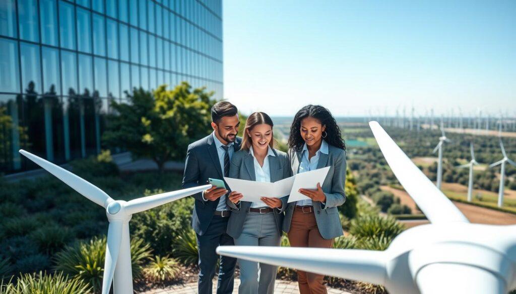 A panoramic view of a modern corporate office building with sleek, glass facades, surrounded by lush green spaces and innovative wind turbines in the foreground. The middle layer features a diverse group of three professionals in business attire, strategically discussing procurement plans while reviewing documents and digital tablets. The background showcases a clear blue sky and a horizon lined with wind farms, emphasizing sustainable energy. Soft natural lighting illuminates the scene, creating a sense of optimism and collaboration. Capture this from a slight low angle to enhance the sense of engagement and leadership in renewable energy initiatives, instilling a mood of determination and forward-thinking in the clean energy sector.