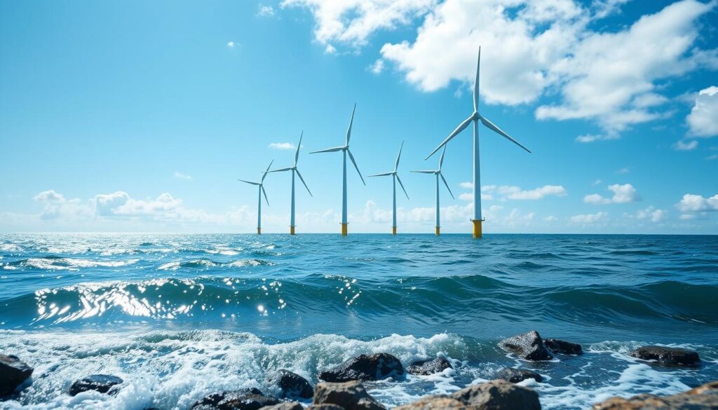 A serene coastal scene featuring a cluster of modern offshore wind turbines gracefully rotating in the powerful breeze. In the foreground, gentle waves lap against a rocky shore, reflecting a clear blue sky with scattered clouds. The middle ground highlights several tall, white turbines, their blades glinting in the sunlight, showcasing their innovative design for harnessing marine energy. In the background, a distant horizon meets the calm sea, symbolizing sustainability and progress. The lighting is bright and uplifting, creating a sense of vitality and hope. The angle captures the turbines from slightly below, enhancing their impressive scale against the expansive ocean, invoking a peaceful yet purposeful atmosphere of renewable energy innovation.
