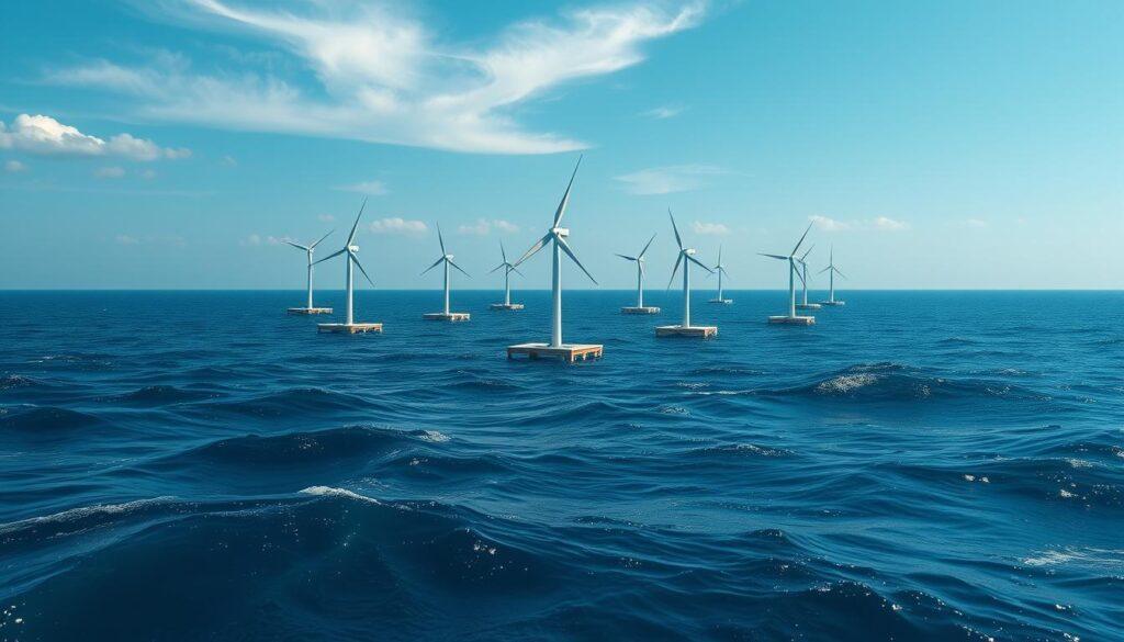 A serene deepwater scene depicting an array of floating wind turbines majestically harnessing renewable energy in the open ocean. In the foreground, the gentle waves reflect sunlight, creating sparkling ripples. The central layer features several large, modern floating wind turbines, with sleek, white blades turning gracefully in a soft breeze, anchored to floating platforms. The background shows a vast expanse of calm blue waters extending to the horizon, under a clear sky adorned with wisps of fluffy clouds. The overall mood is one of innovation and sustainability, conveying hope for the future of renewable energy. The lighting is bright and natural, mid-afternoon sun casting soft shadows, captured from a slightly elevated angle to provide a comprehensive view of the wind farm in its deepwater environment.