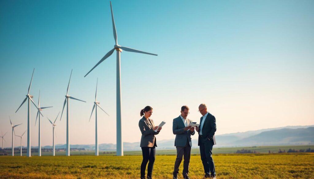 A serene landscape featuring a cluster of wind turbines in the foreground, standing tall against a clear blue sky. Each turbine is intricately detailed, showcasing their blades spinning gently in the breeze. In the middle ground, an inspection team in professional business attire conducts a compliance assessment, examining environmental impact reports on clipboards. They appear focused and engaged, with tools like drones and portable sensors visible. In the background, a vast green field stretches towards distant hills, illustrating the harmony between renewable energy and nature. Soft, warm lighting casts a pleasant glow, enhancing the optimistic atmosphere of regulatory compliance in wind energy. The overall mood reflects commitment to environmental stewardship and sustainability, with no text or watermarks present.