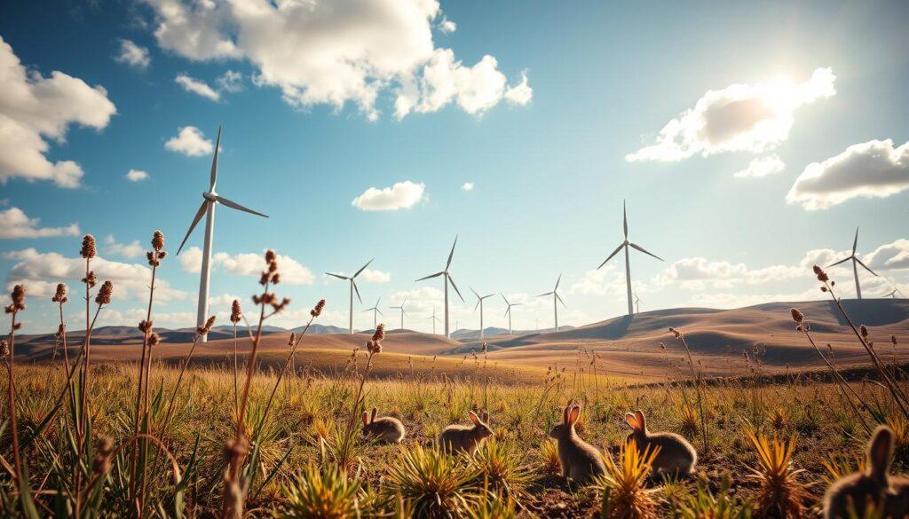 A serene landscape showcasing a wind farm seamlessly integrated into a wildlife habitat. In the foreground, a variety of native plants are thriving, with small animals like rabbits and birds foraging among them. The middle ground features several tall wind turbines, their blades gently rotating against a bright blue sky dotted with fluffy white clouds. In the background, rolling hills fade into the horizon, creating a sense of depth. Warm, golden sunlight filters through the scene, casting soft shadows and bathing everything in a peaceful glow. The atmosphere conveys harmony between renewable energy and nature, emphasizing conservation and coexistence. Capture the image from a low angle to highlight the turbines and the wildlife below, evoking a sense of hope and sustainability.