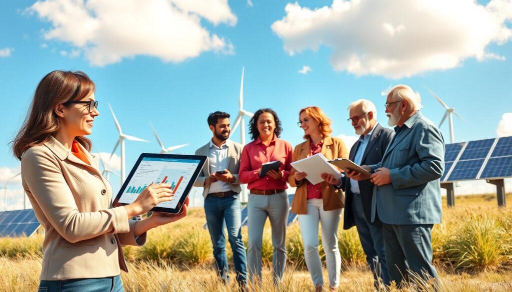 A vibrant and engaging illustration of distributed energy funding models, showcasing a diverse group of professionals discussing community funding strategies in a bright, well-lit outdoor setting. In the foreground, a woman in smart casual attire is holding a digital tablet displaying charts and graphs. In the middle ground, a diverse group of four individuals, including a middle-aged man with glasses, a young woman with curly hair, and an elderly man with a clipboard, are engaged in animated conversation surrounded by a backdrop of wind turbines and solar panels. The background captures a clear blue sky with a few fluffy clouds, suggesting an optimistic and innovative atmosphere. The scene is warm and inviting, emphasizing collaboration and progress in renewable energy. The composition should be shot from a slightly elevated angle to capture the interaction and landscape in a dynamic way. A vibrant and engaging illustration of distributed energy funding models, showcasing a diverse group of professionals discussing community funding strategies in a bright, well-lit outdoor setting. In the foreground, a woman in smart casual attire is holding a digital tablet displaying charts and graphs. In the middle ground, a diverse group of four individuals, including a middle-aged man with glasses, a young woman with curly hair, and an elderly man with a clipboard, are engaged in animated conversation surrounded by a backdrop of wind turbines and solar panels. The background captures a clear blue sky with a few fluffy clouds, suggesting an optimistic and innovative atmosphere. The scene is warm and inviting, emphasizing collaboration and progress in renewable energy. The composition should be shot from a slightly elevated angle to capture the interaction and landscape in a dynamic way.