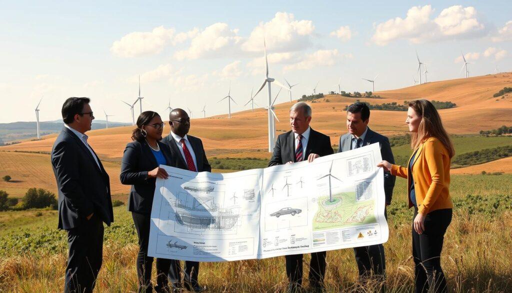 A vibrant community gathering focused on wind power challenges, set in a rural landscape. In the foreground, a diverse group of five individuals in professional business attire discuss a large blueprint featuring wind turbine designs and potential sites. The middle ground shows several partially constructed wind turbines, highlighting the complexities and obstacles involved. In the background, rolling hills are dotted with fully operational turbines, bathed in soft golden sunlight, symbolizing both hope and the challenges faced in implementation. The sky is clear with a few fluffy clouds, creating a sense of optimism amidst the struggle. The overall mood is one of collaboration and determination, with a focus on community energy solutions. A vibrant community gathering focused on wind power challenges, set in a rural landscape. In the foreground, a diverse group of five individuals in professional business attire discuss a large blueprint featuring wind turbine designs and potential sites. The middle ground shows several partially constructed wind turbines, highlighting the complexities and obstacles involved. In the background, rolling hills are dotted with fully operational turbines, bathed in soft golden sunlight, symbolizing both hope and the challenges faced in implementation. The sky is clear with a few fluffy clouds, creating a sense of optimism amidst the struggle. The overall mood is one of collaboration and determination, with a focus on community energy solutions.