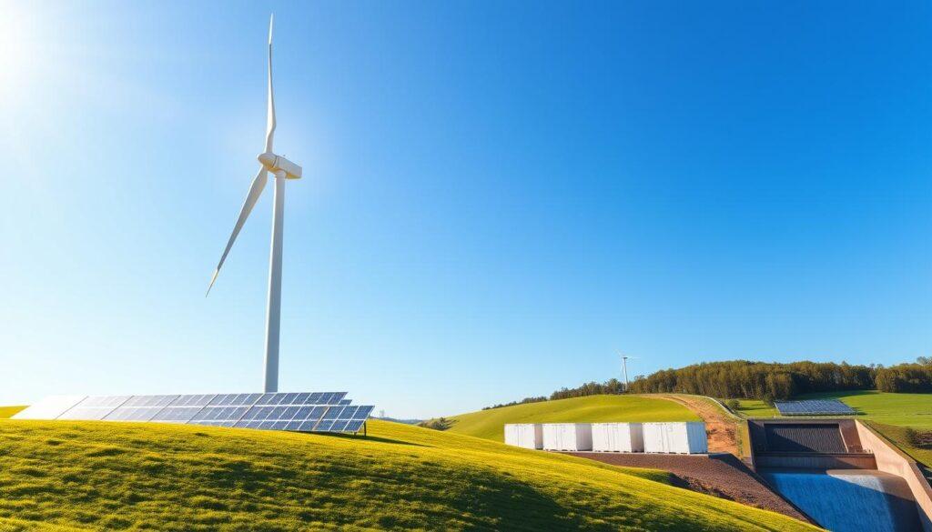 A bright, sunlit landscape showcasing a harmonious blend of renewable energy sources. In the foreground, a modern wind turbine stands tall, its blades gracefully turning against a clear blue sky. Beside it, solar panels glisten in the sunlight, strategically placed on rolling green hills. In the middle ground, a large energy storage facility, resembling sleek containers, integrates seamlessly with the scene. The background features a distant array of solar farms and a small hydroelectric dam nestled among trees, representing diverse renewable sources working together. The lighting is soft and warm, creating a hopeful, sustainable atmosphere. Capture this dynamic scene from a slightly elevated angle to emphasize the interconnectedness of the energy sources, highlighting their integration and synergy.