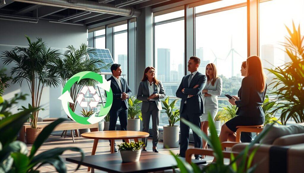 A corporate office setting symbolizing circular economy and corporate responsibility, featuring an open workspace with green plants and renewable energy elements. In the foreground, a diverse group of professionals in business attire discuss concepts around sustainable battery recycling, surrounded by graphical representations of recycling loops and energy storage cycles. The middle ground shows large windows with natural light pouring in, highlighting eco-friendly materials like bamboo furniture. In the background, a city skyline is visible, integrated with solar panels and wind turbines, symbolizing sustainability. Capture a bright, optimistic mood with soft lighting, as if early morning, to convey hope and responsibility for the future of energy. Use a wide-angle lens to showcase the entire office environment and the collaborative spirit. A corporate office setting symbolizing circular economy and corporate responsibility, featuring an open workspace with green plants and renewable energy elements. In the foreground, a diverse group of professionals in business attire discuss concepts around sustainable battery recycling, surrounded by graphical representations of recycling loops and energy storage cycles. The middle ground shows large windows with natural light pouring in, highlighting eco-friendly materials like bamboo furniture. In the background, a city skyline is visible, integrated with solar panels and wind turbines, symbolizing sustainability. Capture a bright, optimistic mood with soft lighting, as if early morning, to convey hope and responsibility for the future of energy. Use a wide-angle lens to showcase the entire office environment and the collaborative spirit.