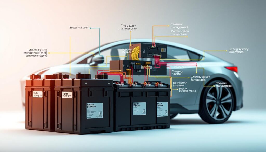 A detailed diagram of an EV battery management system, showcasing the interconnected components and processes. In the foreground, prominently display the battery packs, complete with labels for terminals and voltage readings. The middle layer features the battery management unit (BMU) and various sensors, connected by detailed colored lines representing data flow and communication channels. Include elements like thermal management systems, charging interfaces, and safety features, ensuring clarity in each component's role. The background consists of a sleek electric vehicle silhouette, hinting at the integration of the battery system within the vehicle. Use a soft, professional lighting to emphasize the technological aspect, with a slight perspective angle to create depth and focus on the battery management system. The atmosphere conveys innovation and precision, with a modern aesthetic.