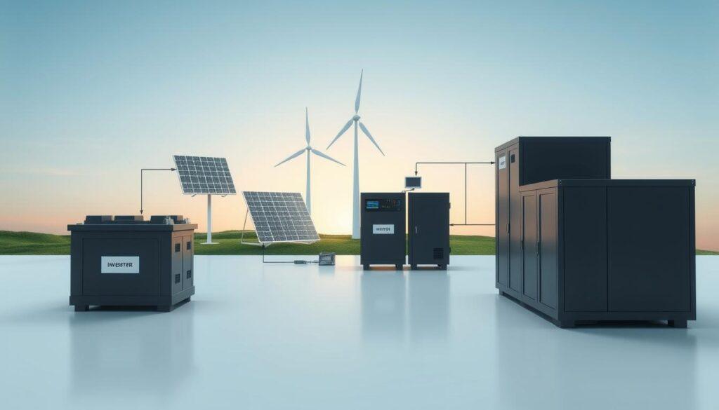 A detailed process diagram illustrating a modern battery energy storage system. In the foreground, show large battery units connected with arrows to represent the flow of energy. In the middle, depict components like solar panels, a wind turbine, and an inverter that feed energy into the battery system, all labeled clearly for easy understanding. The background should feature a gradient sky transitioning from blue to light, symbolizing renewable energy sources. Use soft, ambient lighting to create a clean and professional atmosphere. The perspective should be slightly angled, giving depth to the diagram, and no people or text should be present, ensuring the focus remains entirely on the technology and process. A detailed process diagram illustrating a modern battery energy storage system. In the foreground, show large battery units connected with arrows to represent the flow of energy. In the middle, depict components like solar panels, a wind turbine, and an inverter that feed energy into the battery system, all labeled clearly for easy understanding. The background should feature a gradient sky transitioning from blue to light, symbolizing renewable energy sources. Use soft, ambient lighting to create a clean and professional atmosphere. The perspective should be slightly angled, giving depth to the diagram, and no people or text should be present, ensuring the focus remains entirely on the technology and process.