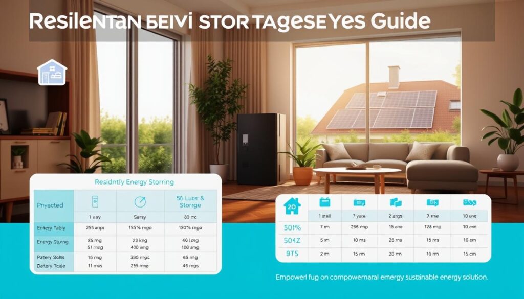A detailed residential energy storage sizing guide, featuring a sleek and modern infographic design. Foreground includes a well-organized table or chart with energy capacity options, installation recommendations, and technical specifications, surrounded by home-related icons like solar panels and batteries. In the middle ground, a tranquil living room scene showcases a battery storage unit beautifully integrated into a contemporary home environment, with plants and sunlight streaming in from a large window, creating an inviting feel. The background features a glimpse of solar panels on the roof, suggesting a sustainable lifestyle. Soft, natural lighting enhances the scene, captured with a slightly elevated angle, conveying a sense of professionalism and clarity. The overall mood is informative yet warm, emphasizing empowerment through sustainable energy solutions. A detailed residential energy storage sizing guide, featuring a sleek and modern infographic design. Foreground includes a well-organized table or chart with energy capacity options, installation recommendations, and technical specifications, surrounded by home-related icons like solar panels and batteries. In the middle ground, a tranquil living room scene showcases a battery storage unit beautifully integrated into a contemporary home environment, with plants and sunlight streaming in from a large window, creating an inviting feel. The background features a glimpse of solar panels on the roof, suggesting a sustainable lifestyle. Soft, natural lighting enhances the scene, captured with a slightly elevated angle, conveying a sense of professionalism and clarity. The overall mood is informative yet warm, emphasizing empowerment through sustainable energy solutions.