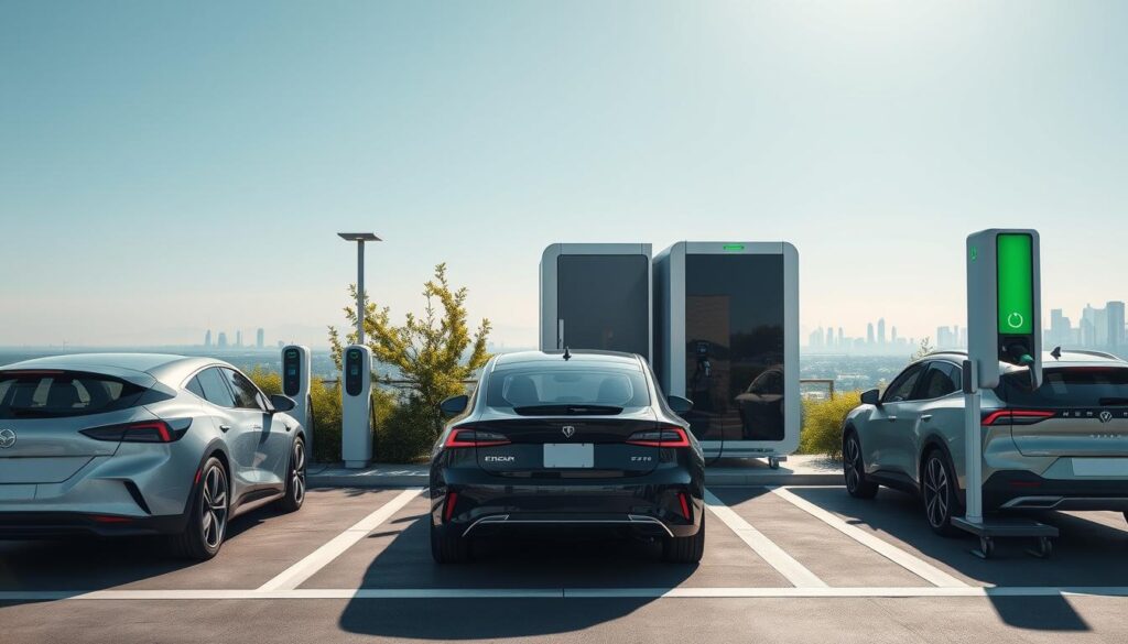 A futuristic battery-buffered charging station for electric vehicles, prominently featured in the foreground with sleek, modern charging units connected to a variety of EVs. The middle ground showcases a durable, high-capacity battery storage unit, surrounded by green vegetation and energy-efficient LED lighting for an inviting atmosphere. In the background, a clear blue sky and a distant city skyline suggest urban integration of clean energy. Soft lighting casts gentle shadows, adding depth to the scene. Use a wide-angle lens to capture the scale and innovation of the infrastructure, conveying a sense of advancement and sustainability, emphasizing the contrast between fast and slow charging capabilities amid a clean, eco-friendly environment.