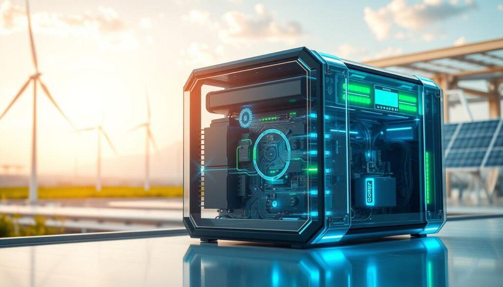 A futuristic battery supercapacitor hybrid system displayed prominently in the foreground, showcasing sleek, modern designs of lithium batteries and supercapacitors interconnected with glowing energy flows. In the middle ground, a transparent protective casing reveals intricate circuitry and LED indicators, emphasizing technological sophistication with soft blue and green lighting. In the background, a clean, industrial environment reflects renewable energy themes, featuring wind turbines and solar panels subtly integrated into the scene. The atmosphere is vibrant and optimistic, symbolizing innovation in energy storage solutions. The composition utilizes a wide-angle lens to capture the depth of the system and its surroundings, with a focus on clarity and detail, evoking a sense of progress in hybrid energy technology. A futuristic battery supercapacitor hybrid system displayed prominently in the foreground, showcasing sleek, modern designs of lithium batteries and supercapacitors interconnected with glowing energy flows. In the middle ground, a transparent protective casing reveals intricate circuitry and LED indicators, emphasizing technological sophistication with soft blue and green lighting. In the background, a clean, industrial environment reflects renewable energy themes, featuring wind turbines and solar panels subtly integrated into the scene. The atmosphere is vibrant and optimistic, symbolizing innovation in energy storage solutions. The composition utilizes a wide-angle lens to capture the depth of the system and its surroundings, with a focus on clarity and detail, evoking a sense of progress in hybrid energy technology.