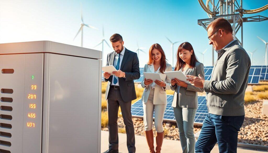 A futuristic grid storage facility showcasing advanced energy reliability services. In the foreground, a sleek, modern storage unit with LED indicators glowing softly, conveying active energy management. In the middle ground, a diverse team of professionals in business attire is analyzing data on digital tablets, discussing strategies for enhancing grid stability. Behind them, a sprawling renewable energy landscape features wind turbines and solar panels under a bright blue sky, symbolizing a sustainable energy future. The scene is illuminated by warm sunlight, creating a hopeful and innovative atmosphere, captured from a dynamic angle that emphasizes the scale of technology and teamwork. The focus is sharp on the professionals and the storage unit, with a slight blur on the background elements to enhance depth. A futuristic grid storage facility showcasing advanced energy reliability services. In the foreground, a sleek, modern storage unit with LED indicators glowing softly, conveying active energy management. In the middle ground, a diverse team of professionals in business attire is analyzing data on digital tablets, discussing strategies for enhancing grid stability. Behind them, a sprawling renewable energy landscape features wind turbines and solar panels under a bright blue sky, symbolizing a sustainable energy future. The scene is illuminated by warm sunlight, creating a hopeful and innovative atmosphere, captured from a dynamic angle that emphasizes the scale of technology and teamwork. The focus is sharp on the professionals and the storage unit, with a slight blur on the background elements to enhance depth.