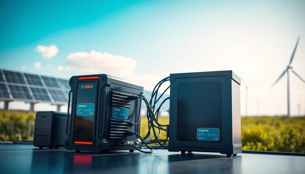 A futuristic hybrid energy system showcasing a battery and supercapacitor integrated seamlessly. In the foreground, visually striking modern energy storage units with sleek designs, featuring glowing indicators and labels indicating energy capacity. The middle ground includes a dynamic arrangement of wires and converters, emphasizing the connection between the battery and supercapacitor. In the background, a soft-focus renewable energy landscape with solar panels and wind turbines under a clear blue sky. Bright, natural lighting illuminates the scene, creating an optimistic and innovative mood. The camera angle is slightly tilted upwards, enhancing the sense of advancement in technology. No text or additional elements present. A futuristic hybrid energy system showcasing a battery and supercapacitor integrated seamlessly. In the foreground, visually striking modern energy storage units with sleek designs, featuring glowing indicators and labels indicating energy capacity. The middle ground includes a dynamic arrangement of wires and converters, emphasizing the connection between the battery and supercapacitor. In the background, a soft-focus renewable energy landscape with solar panels and wind turbines under a clear blue sky. Bright, natural lighting illuminates the scene, creating an optimistic and innovative mood. The camera angle is slightly tilted upwards, enhancing the sense of advancement in technology. No text or additional elements present.