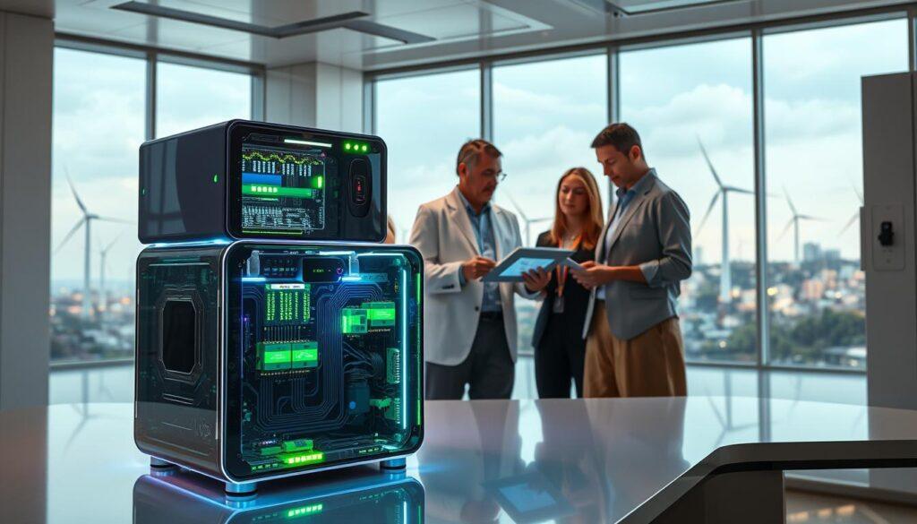A futuristic laboratory scene focused on emerging energy storage technologies. In the foreground, a sleek, transparent energy storage unit pulsates with blue and green light, showcasing intricate circuitry and glowing interfaces. In the middle, a diverse group of professionals in modern attire examine the device, with one person holding a digital tablet displaying data visualizations. The background features large windows revealing a cityscape powered by renewable energy sources, including wind turbines and solar panels. Soft, ambient lighting enhances the atmosphere, with reflections creating a high-tech vibe. Capture the sense of innovation and collaboration in the air, highlighting a hopeful future for energy solutions. A futuristic laboratory scene focused on emerging energy storage technologies. In the foreground, a sleek, transparent energy storage unit pulsates with blue and green light, showcasing intricate circuitry and glowing interfaces. In the middle, a diverse group of professionals in modern attire examine the device, with one person holding a digital tablet displaying data visualizations. The background features large windows revealing a cityscape powered by renewable energy sources, including wind turbines and solar panels. Soft, ambient lighting enhances the atmosphere, with reflections creating a high-tech vibe. Capture the sense of innovation and collaboration in the air, highlighting a hopeful future for energy solutions.