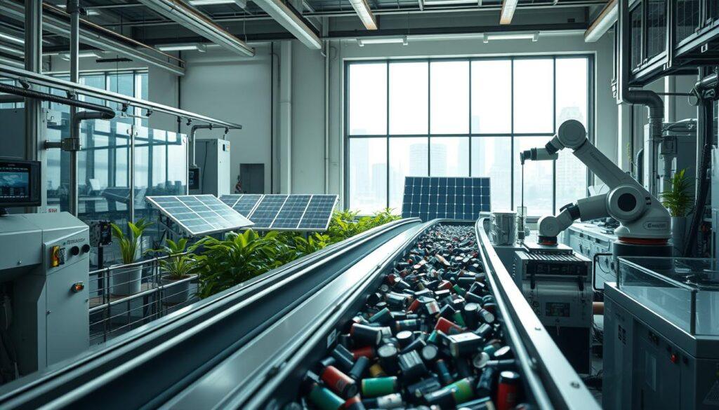 A high-tech battery recycling facility in action, showcasing advanced machinery and automated systems. In the foreground, a sleek, modern conveyor belt transports used batteries, with robotic arms carefully sorting and disassembling them. The middle ground features bright, eco-friendly technology, including solar panels and green plants thriving in a sustainable environment. In the background, a large window reveals a city skyline, emphasizing the integration of this facility within an urban circular economy. Utilize soft, natural lighting to highlight the clean, efficient design and create a hopeful atmosphere. Capture the scene from a slightly elevated angle to provide a comprehensive view of the operations, emphasizing innovation and sustainability in battery recycling technology. A high-tech battery recycling facility in action, showcasing advanced machinery and automated systems. In the foreground, a sleek, modern conveyor belt transports used batteries, with robotic arms carefully sorting and disassembling them. The middle ground features bright, eco-friendly technology, including solar panels and green plants thriving in a sustainable environment. In the background, a large window reveals a city skyline, emphasizing the integration of this facility within an urban circular economy. Utilize soft, natural lighting to highlight the clean, efficient design and create a hopeful atmosphere. Capture the scene from a slightly elevated angle to provide a comprehensive view of the operations, emphasizing innovation and sustainability in battery recycling technology.
