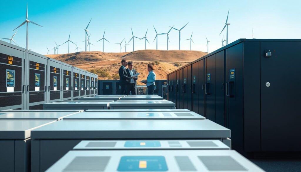 A modern energy storage facility showcasing advanced battery systems designed for wind energy storage. In the foreground, highlight a collection of large, sleek battery units with illuminated LED indicators, arranged in rows. The middle ground features workers in professional business attire inspecting the systems, discussing logistics in a collaborative manner. The background displays wind turbines on a hillside under a bright blue sky, emphasizing renewable energy. Soft, natural lighting filters in from the left, casting gentle shadows to create depth. A wide-angle perspective captures the scale and technological sophistication of the installation, evoking a sense of innovation and sustainability. The overall mood is optimistic and forward-thinking, illustrating the pivotal role of energy storage in modern renewable solutions.