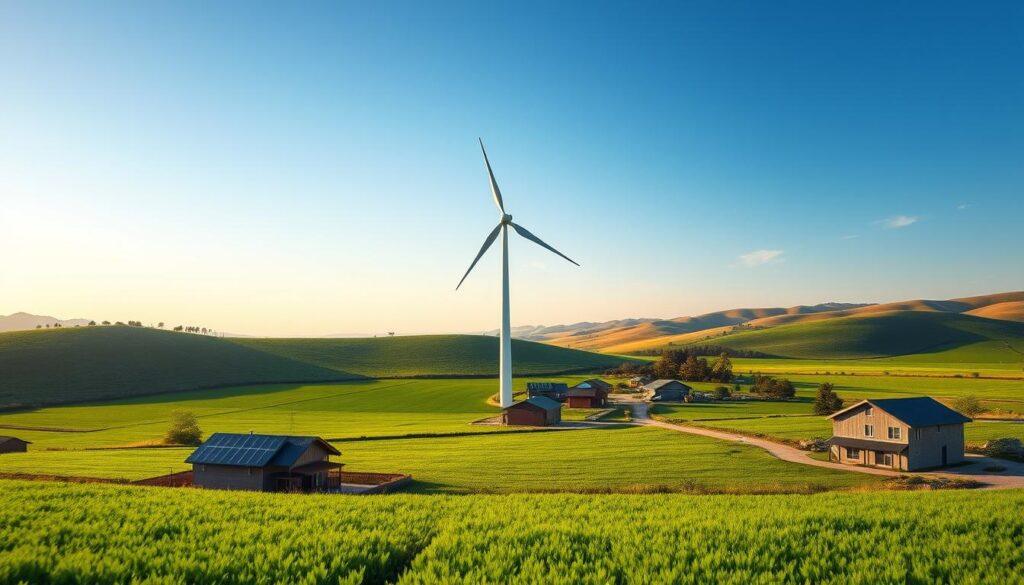 A picturesque rural landscape featuring a modern wind turbine as the focal point, surrounded by lush green fields and a clear blue sky. In the foreground, a small community of energy-efficient homes, some with solar panels, showcases a sustainable lifestyle. The middle ground displays the wind turbine, its blades gracefully turning in a gentle breeze, symbolizing renewable energy. In the background, rolling hills complement the serene environment, while a warm, golden sunlight casts long shadows, creating an inviting atmosphere. The image should evoke a sense of hope and progress, illustrating the importance of off-grid and mini-grid solutions in enhancing energy access for rural communities. Use a wide-angle lens for an expansive view, capturing the beauty and functionality of wind power in rural electrification.