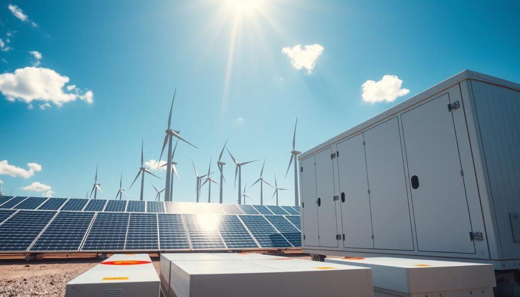 A striking image of a commercial facility showcasing the integration of solar panels and wind turbines with large battery storage units. In the foreground, detailed battery storage systems are arranged neatly, emphasizing their robust infrastructure and technology. The middle ground features multiple solar panels aligned to capture sunlight, while sleek wind turbines gracefully spin in the background, under a bright blue sky dotted with a few clouds. The setting conveys a sense of innovation and sustainability, with sunlight illuminating the scene to create a vibrant atmosphere. The angle is slightly elevated to give a panoramic view of the entire setup, highlighting the synergy between these energy solutions and the potential of renewable energy for businesses. A striking image of a commercial facility showcasing the integration of solar panels and wind turbines with large battery storage units. In the foreground, detailed battery storage systems are arranged neatly, emphasizing their robust infrastructure and technology. The middle ground features multiple solar panels aligned to capture sunlight, while sleek wind turbines gracefully spin in the background, under a bright blue sky dotted with a few clouds. The setting conveys a sense of innovation and sustainability, with sunlight illuminating the scene to create a vibrant atmosphere. The angle is slightly elevated to give a panoramic view of the entire setup, highlighting the synergy between these energy solutions and the potential of renewable energy for businesses.