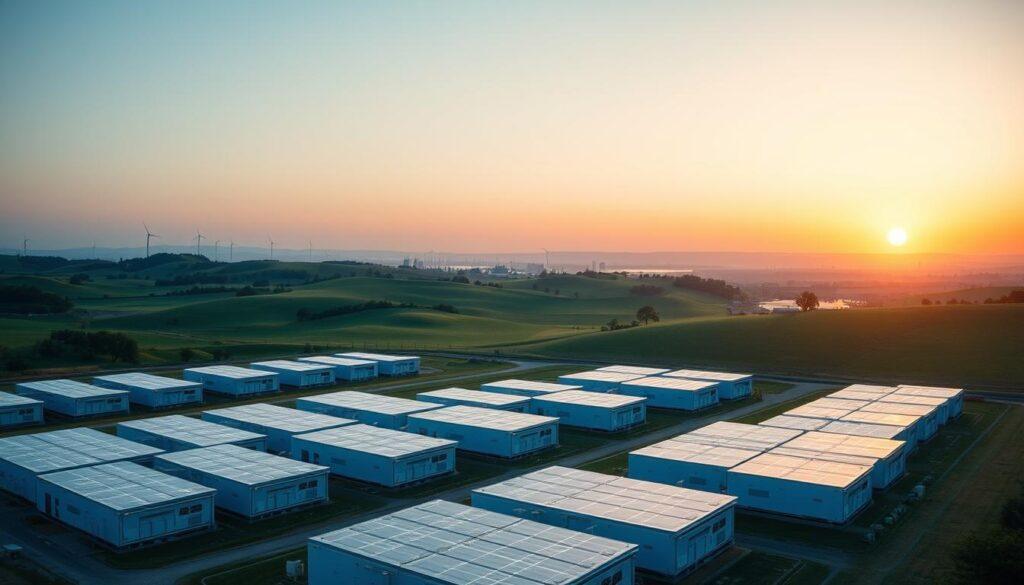 A vast, expansive outdoor scene showcasing large-scale storage solutions for renewable energy, specifically focusing on a series of elegant, modern flow battery installations. In the foreground, sleek, futuristic storage units are organized in long rows, reflecting a cutting-edge design with integrated solar panels. The middle ground features a gently sloping landscape with green grassy fields and patches of trees, contrasting with the high-tech storage units. In the background, a clear blue sky transitions to soft sunset hues, casting warm golden light over the scene, enhancing the modernity of the batteries. The overall atmosphere conveys innovation and sustainability, with a sense of hope for the future of renewable energy integration. The image should be captured with a wide-angle lens to emphasize the scale of the installation, with a slight aerial perspective to showcase the vastness of the site. A vast, expansive outdoor scene showcasing large-scale storage solutions for renewable energy, specifically focusing on a series of elegant, modern flow battery installations. In the foreground, sleek, futuristic storage units are organized in long rows, reflecting a cutting-edge design with integrated solar panels. The middle ground features a gently sloping landscape with green grassy fields and patches of trees, contrasting with the high-tech storage units. In the background, a clear blue sky transitions to soft sunset hues, casting warm golden light over the scene, enhancing the modernity of the batteries. The overall atmosphere conveys innovation and sustainability, with a sense of hope for the future of renewable energy integration. The image should be captured with a wide-angle lens to emphasize the scale of the installation, with a slight aerial perspective to showcase the vastness of the site.