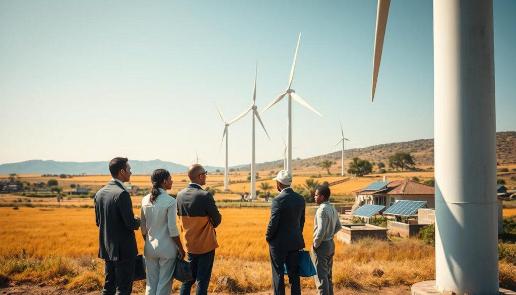 A vibrant landscape depicting the success of wind energy in developing economies. In the foreground, a group of diverse professionals wearing business attire is inspecting a large wind turbine, discussing its impact. The middle ground showcases a series of wind turbines gracefully spinning in a sunny, open field, symbolizing progress and innovation. In the background, a modest village is visible, with solar panels on rooftops and greenery surrounding the area, reflecting sustainable development. The scene is bathed in warm sunlight, creating a hopeful and optimistic atmosphere. Capture this from a slight elevation with a wide-angle lens, emphasizing both the wind turbines and the community thriving around them. The overall mood should be one of collaboration and advancement.