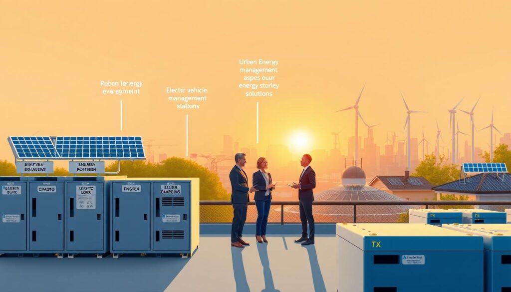 A visually engaging illustration depicting various battery storage application scenarios. In the foreground, a well-organized, modern battery storage facility with sleek, modular battery units, showcasing clear labels for applications like renewable energy backup and electric vehicle charging stations. In the middle ground, diverse scenarios including residential solar power integration with battery systems, urban energy management, and industrial applications, featuring well-dressed professionals in business attire discussing energy solutions. The background shows a city skyline illuminated by the soft glow of sunset, with solar panels on rooftops and wind turbines in the distance, conveying a sense of sustainability and innovation. The scene is bright yet slightly warm, emphasizing optimism and the future of energy storage. The photo is taken from a low angle with a wide lens to create depth. A visually engaging illustration depicting various battery storage application scenarios. In the foreground, a well-organized, modern battery storage facility with sleek, modular battery units, showcasing clear labels for applications like renewable energy backup and electric vehicle charging stations. In the middle ground, diverse scenarios including residential solar power integration with battery systems, urban energy management, and industrial applications, featuring well-dressed professionals in business attire discussing energy solutions. The background shows a city skyline illuminated by the soft glow of sunset, with solar panels on rooftops and wind turbines in the distance, conveying a sense of sustainability and innovation. The scene is bright yet slightly warm, emphasizing optimism and the future of energy storage. The photo is taken from a low angle with a wide lens to create depth.
