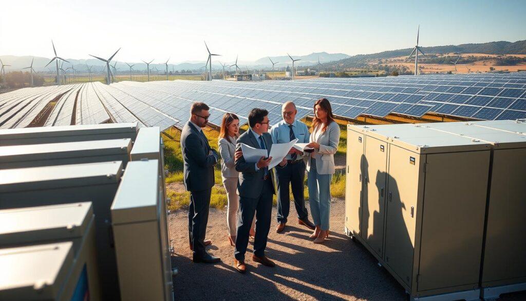 A visually striking representation of policy and incentives for utility-scale batteries in a modern energy landscape. In the foreground, an array of large, high-tech battery storage systems gleam under bright, natural sunlight. In the middle ground, a diverse group of professionals in business attire engages in discussions, reviewing blueprints and energy policy documents, symbolizing collaboration and innovation. The background features a panoramic view of a renewable energy grid with wind turbines and solar panels operating harmoniously together. Soft, morning light casts long shadows, creating an optimistic atmosphere. The scene is shot from a slightly elevated angle, adding depth and emphasizing the scale of the installation. This composition communicates hope and progress in the renewable energy sector without any text or distractions. A visually striking representation of policy and incentives for utility-scale batteries in a modern energy landscape. In the foreground, an array of large, high-tech battery storage systems gleam under bright, natural sunlight. In the middle ground, a diverse group of professionals in business attire engages in discussions, reviewing blueprints and energy policy documents, symbolizing collaboration and innovation. The background features a panoramic view of a renewable energy grid with wind turbines and solar panels operating harmoniously together. Soft, morning light casts long shadows, creating an optimistic atmosphere. The scene is shot from a slightly elevated angle, adding depth and emphasizing the scale of the installation. This composition communicates hope and progress in the renewable energy sector without any text or distractions.